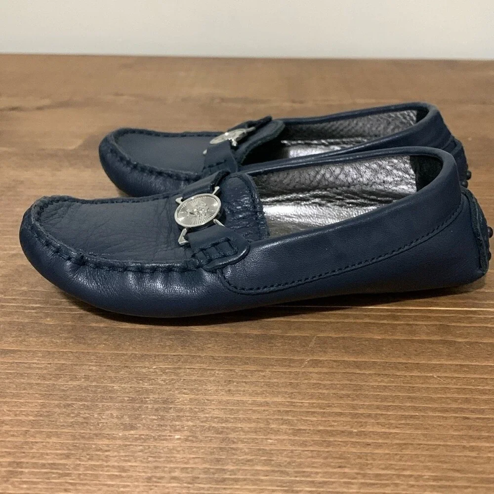 Kids Navy Blue‎ Leather Medusa Head Loafers Driving Shoes Size 26 EU 9-9.5 US